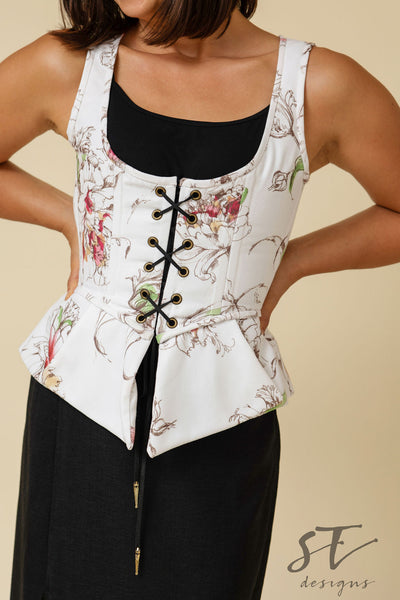 White with Flowers Claudia Corset, Floral Corset, White Corset,