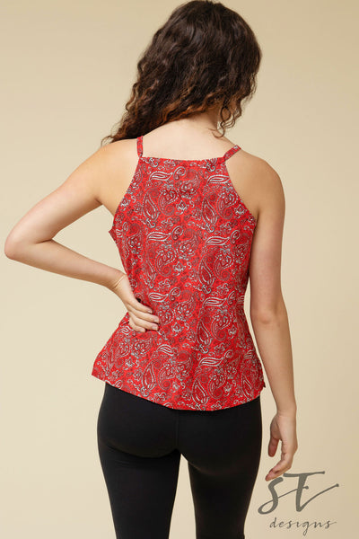Red Paisley Keyhole Top, Red Keyhole Top, Red Sleeveless Top