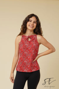 Red Paisley Keyhole Top, Red Keyhole Top, Red Sleeveless Top