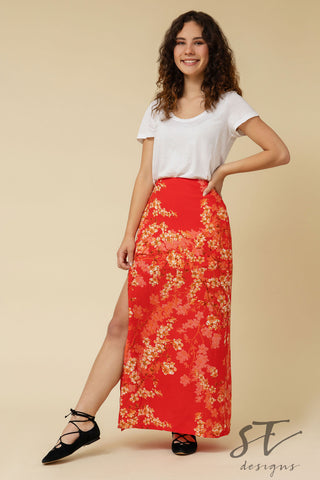 Red Floral Skirt, Floral Skirt, Flowered Skirt, Front Slit Skirt, Beach Skirt