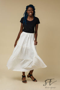 White 3-Tiered Peasant Skirt, White Peasant Skirt, White Long Skirt