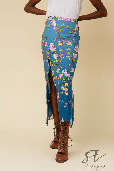 Blue Flowered Skirt, Front Slit Skirt, Long Skirt, Floral Skirt