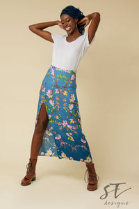 Blue Flowered Skirt, Front Slit Skirt, Long Skirt, Floral Skirt