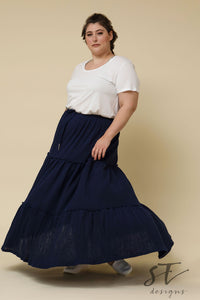 Blue Peasant Skirt, Blue 3-Tier Skirt, Blue Long Skirt,