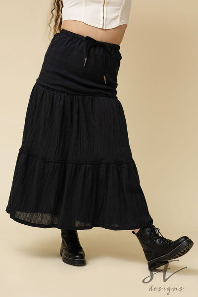 Black Peasant Skirt, Black 3-tier Skirt, Black Skirt, Black Long Skirt